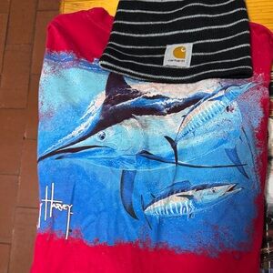 Guy Harvey Red Pocket long sleeve and Carhart striped beanie